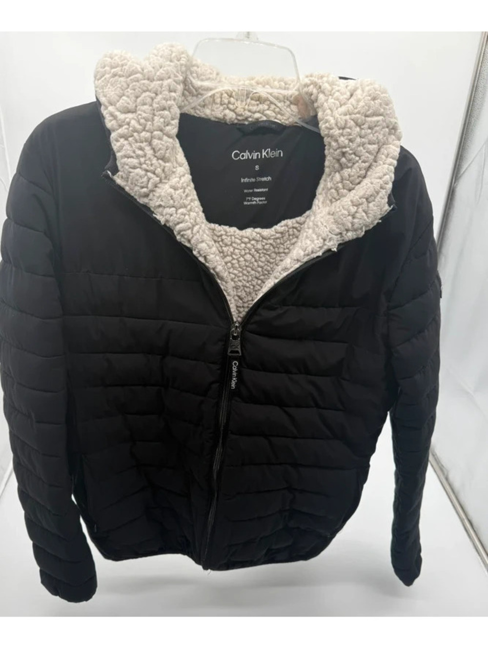 Calvin Klein Black Hooded Puffer Jacket with Sherpa Lining, Size Small
